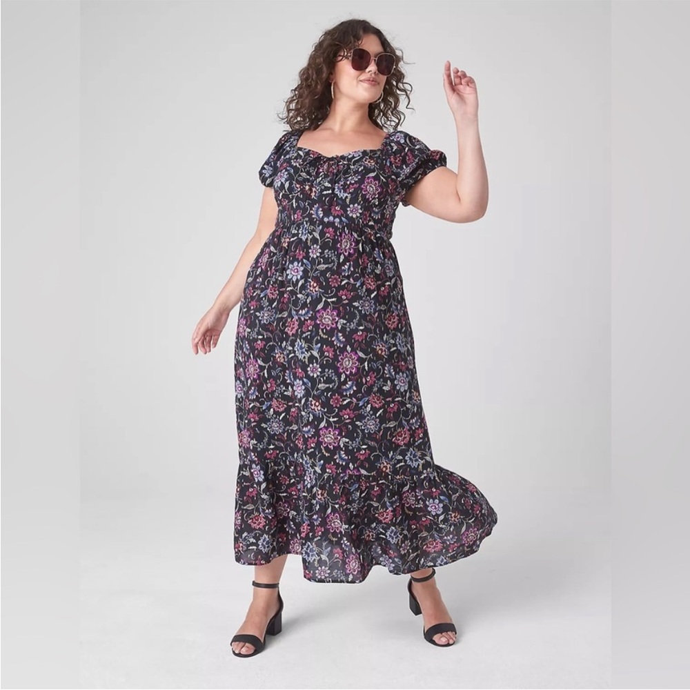 Lane Bryant Black Floral Bubble Sleeve Tie-Neck Tiered Midi Dress Size 20